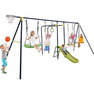 Costzon 660 lbs Swing Sets for Backyard, 7-in-1 Heavy Duty Extra Large Metal Swing Frame w/2 Swings, Glider, Gym Rings, Slide, Monkey Bar