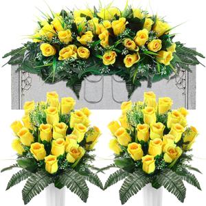XunYee 3 Pcs Artificial Cemetery Flower Set Cemetery Flowers Saddle Flowers Rose Bouquets with Vase 1 Saddle and 2 Memorial Bouquets for Outdoor Headstone Decor Grave(Yellow)