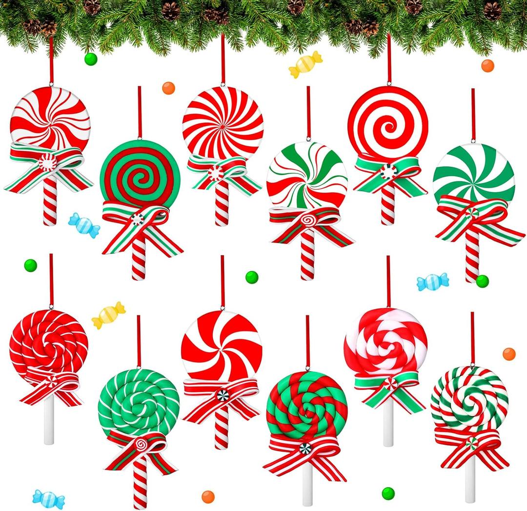 Ferraycle 12 Pcs Christmas Candy Ornaments Set Hanging Peppermint Decorations Xmas Lollipop Candies Polymer Clay Ornament for Party Supplies Wreath Decor