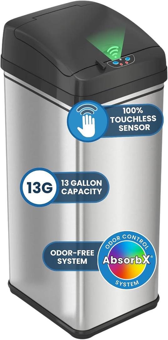 iTouchless 13 Gallon Patented Sensor Trash Can with Lid & Odor Filter, Original Inventor 50L Automatic Kitchen Garbage Bin, Fingerprint-Proof Stainless Steel, Pet-Proof Lock, Soft-Close, Silver