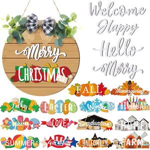 20 Pcs Interchangeable Welcome Sign for All Seasons Seasonal Front Door Decor with 4 Sign and 14 Changeable Icons Farmhouse Front Porch Rustic Holiday Wooden Door Decor (Brown)