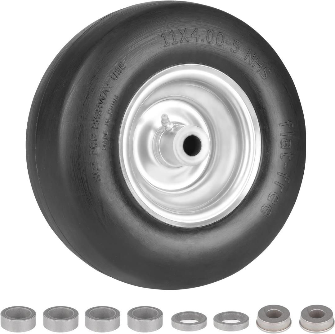 11x4.00-5 Flat Free Solid Smooth Lawn Mower Tires on Wheel w/Silvery Steel Rim Fits Universal Zero-Turn Lawn Mowers -3.4"-4"-4.5"-5" Centered Hub,Bore ID: 3/4" or 5/8" with Adjustment Spacers