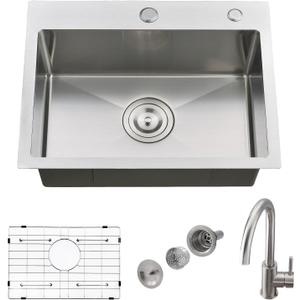 24 Inch Kitchen Sink with Faucet, 24x18 Single Bowl Drop in Kitchen Sink and Faucet Combo 18 Gauge Stainless Steel Topmount 10 inch Deep Basin, 24"x18"x10"