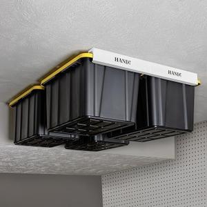HandT USA Based Overhead Garage Storage Rack, Ceiling Tote Bin Organization Rails Shelving Racks System, Heavy Duty Hanging Metal Rack Systems for 27 Gallon Container, Supports Most Bins, Set of 2 HandT USA Based Overhead Garage Storage Rack, Ceiling Tote Bin Organization Rails Shelving Racks System, Heavy Duty Hanging Metal Rack Systems for 27 Gallon Container, Supports Most Bins, Set of 2