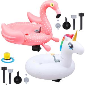 2 Pack Motorized Pool Float for Adult, Inflatable Pool Lounger Chair Pink Flamingo Unicorn River Tube Floating with Pusher Handles Cup Holder and Pump Waterproof for Party Beach Outdoor