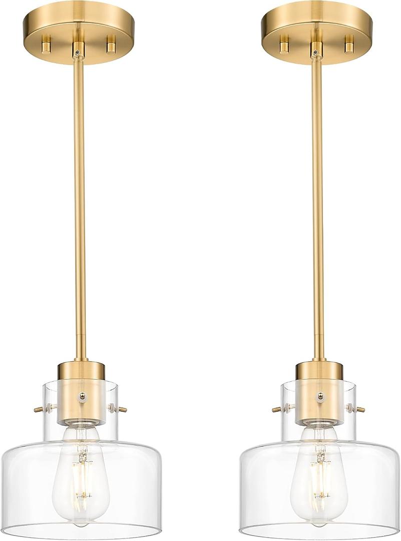 2 Pack Pendant Lights Kitchen Island, Brushed Gold Pendant Light Fixtures Over Island with Clear Glass Shade, 6" Modern Brass Kitchen Island Lighting for Dining Room Entryway, PL124-BG-G-2PK