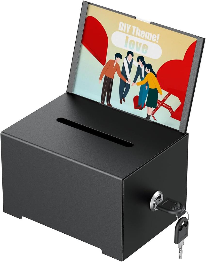Uniclife Metal Donation Box for Fundraising, Suggestion Box with Slot and Lock, Black Ballot Boxes with Sign Holder, Storage Container for Voting Charity Tip Collection, 6.4" x 4.7" x 4"