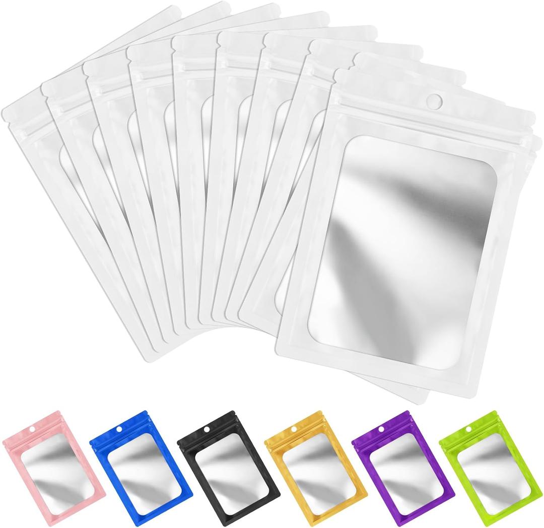 FUNFERY 100 Pack Mylar Resealable Bags Foil Packaging Bags with Clear Window, Zipper Bag Smell Proof Pouch for Food Storage, Cookies, Sample, Small Business(White,6.3x9.4inch)