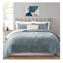 RECYCO Luxury Velvet Quilt Set King Size Bedding Sets, Ultra Soft Velvet Comforter Set, Lightweight Channel Box Stitch Oversized Bedspread Coverlet for All Season, with 2 Shams, Blue Linen