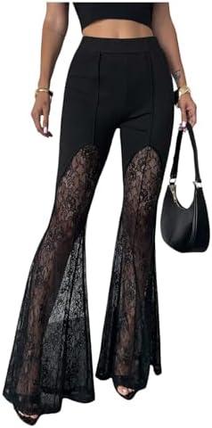 GORGLITTER Women's Lace Going Out Pants Flare Mesh High Waisted Sexy Sheer Bell Bottom Trousers Leggings Rave Outfits Size L