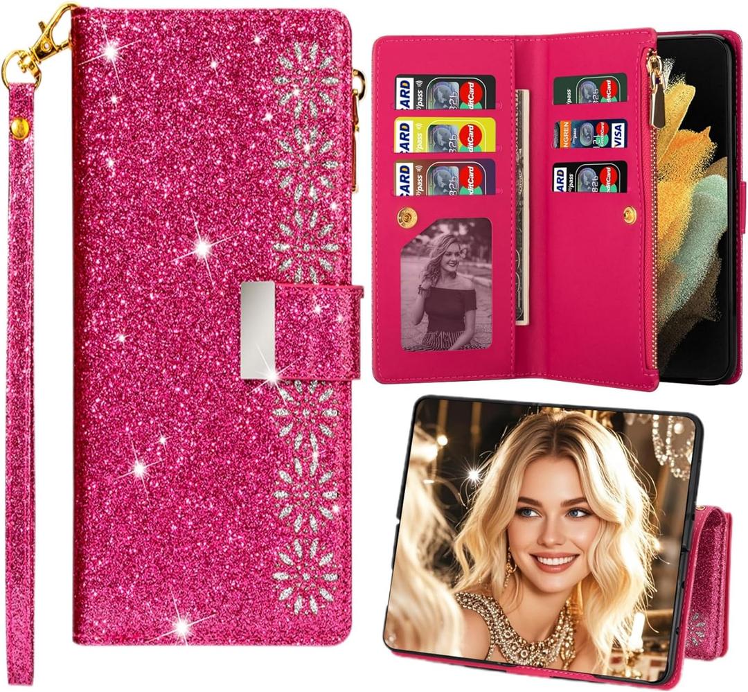 for Samsung Galaxy Z Fold 7 Bling Wallet Phone Case, Glitter Flip Leather Cover with Zipper Card Slots Holder Kickstand & Wrist Strap for Women Girls Galaxy Z Fold 7 - CSF Rose Red