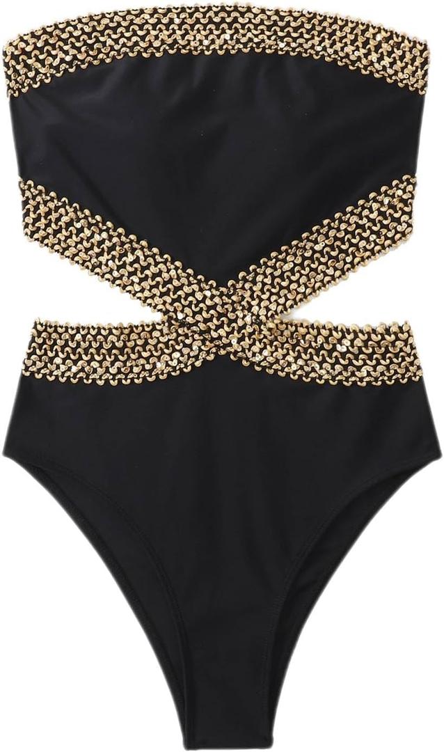 Milumia Women's Stitch Detail Strapless One Piece Swimsuit Cut Out Bandeau Bathing Suit (X-Large, Black)