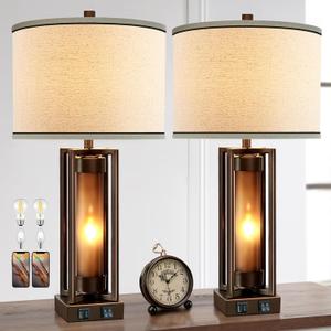 Rustic Table Lamps for Living Room Set of 2 with USB C+A Ports, Farmhouse Vintage Nightstand Lamp with Amber Night Light, Retro Desk Lamp for Bedroom, 4 Bulbs Included (Brown)