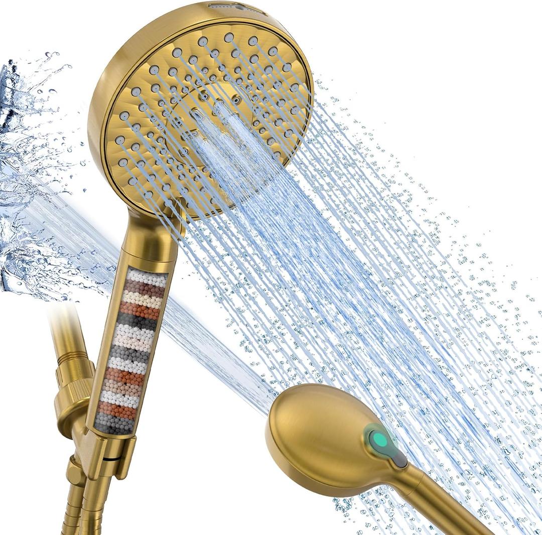 Filtered Shower Head with Handheld, High Pressure 9 Spray Mode Brushed Gold Showerhead with Filters, Detachable Shower Head, Water Softener Filters Beads for Hard Water - Remove Chlorine