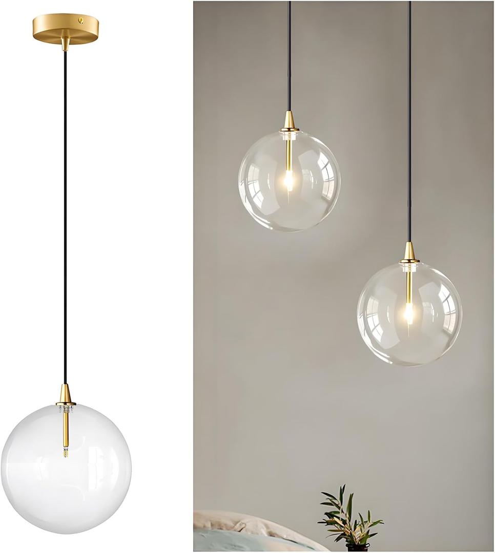 Minimalist Transparent Glass Ball Pendant Light in Gold Finish, Height Adjustable G4 LED Ceiling Haning Light for Dining Room & Living Room (9.8'')