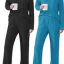 Ekouaer 2 PackWomens Ribbed Knit Pajama Set with Pockets Long Sleeve PJs V Neck Soft Loungewear Loose Matching Outfits Set Black and Lake Blue S