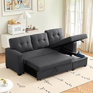 Lyngins L Shaped Sleeper Sofa Bed with Storage Chaise, 53 Inch Pull Out Sofa Couch Bed for Living Room Sectional Linen Couch for Apartment, Bedroom, Living Room, 3 Seat, Dark Gray
