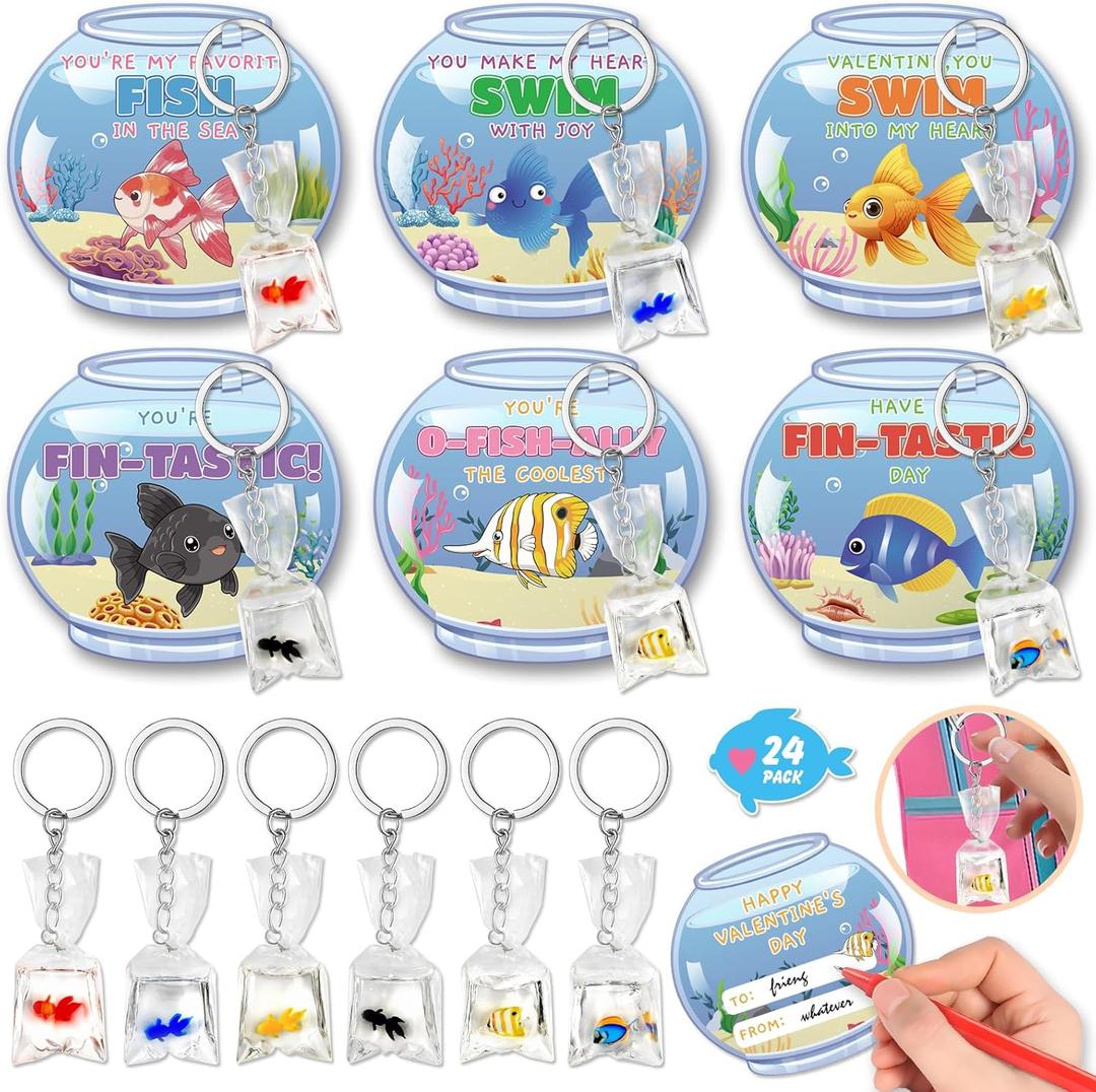 Valentines Day Cards for Kids School, 24 Pack Valentine's Day Gifts for Kids with Resin Fish Charms Classroom Exchange Gifts, 3D Fish Water Bag Charms Valentine Party Favors Prizes for Boys & Girls