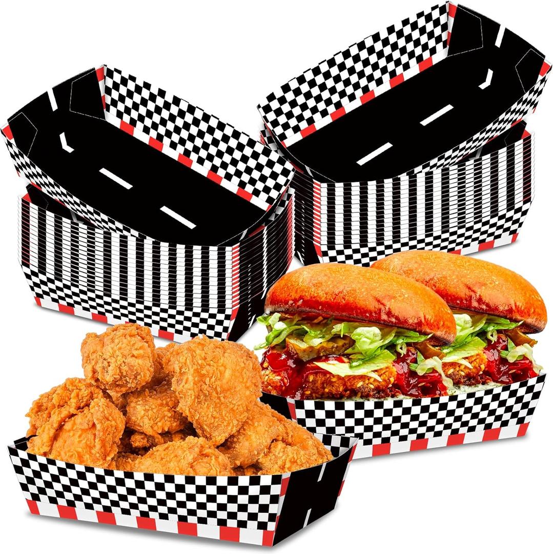 No Folding Required 50 Pack 2 Lb Racing Plates Paper Food Trays Checkered Nacho Trays Disposable Racing Party Food Boat Black and White Food Serving Tray for Race Themed Snack Party Baskets Supplies