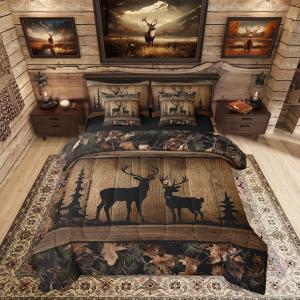 Erosebridal Rustic Cabin Bedding Sets 7 Piece Camo Hunting Deer Comforter Set Full Farmhouse Woodland Animal Bed in A Bag for Kids Boys Teen Men,Tree Camouflage Wildlife Sheet Set with Comforter
