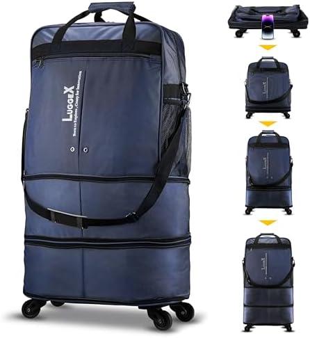 LUGGEX Suitcases with Wheels, Expandable Collapsible Luggage Rolling Travel Duffle Bag without Telescopic Handle, Foldable Large Weekender Bag for Men Women, Blue