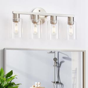 4 Light Bathroom Vanity Light, Farmhouse Bathroom Light Fixtures with Clear Glass Shade, Brushed Nickel Lights for Vanity Mirror, Modern Lighting Fixtures for Mirror Bedroom Living Room Hallway Porch