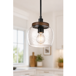 1 Light Hanging Kitchen Island Pendant Light 7.3" Clear Drum Seeded Glass Indoor Natural Wood Pendant Ceiling Light Fixtures,Black Brushed Bronze Finish Modern Farmhouse Dinning Over Sink