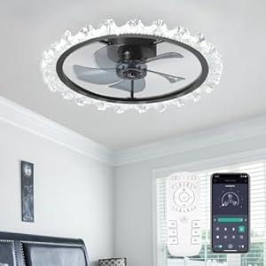 Ceiling Fans with Lights, 20 Inch Ceiling Fan with Light and Remote, Low Profile Reversible White Fandelier Ceiling Fan, Dimmable LED, Flush Mount, DC Motor, for Bedroom, Kitchen, Office (Black)