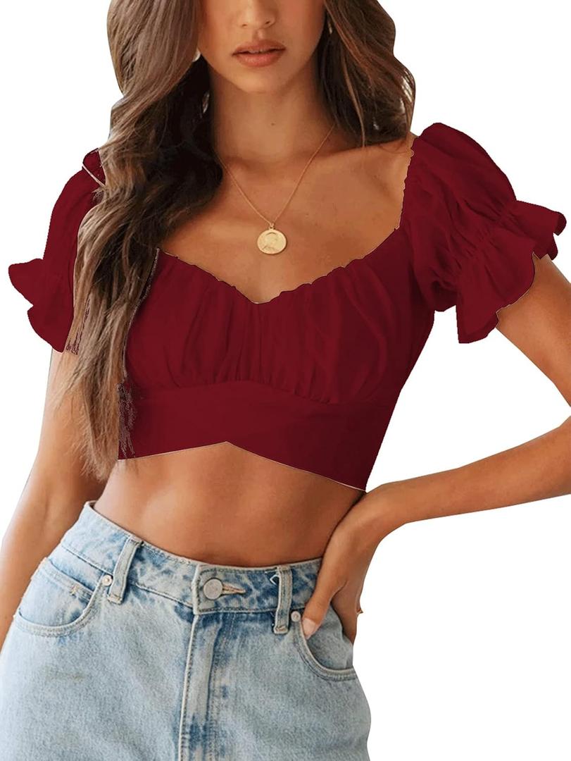 LYANER Women's Ruffle Short Sleeve Tie Up Back Crop Top Off Shoulder Bardot Blouse (Burgundy) XS