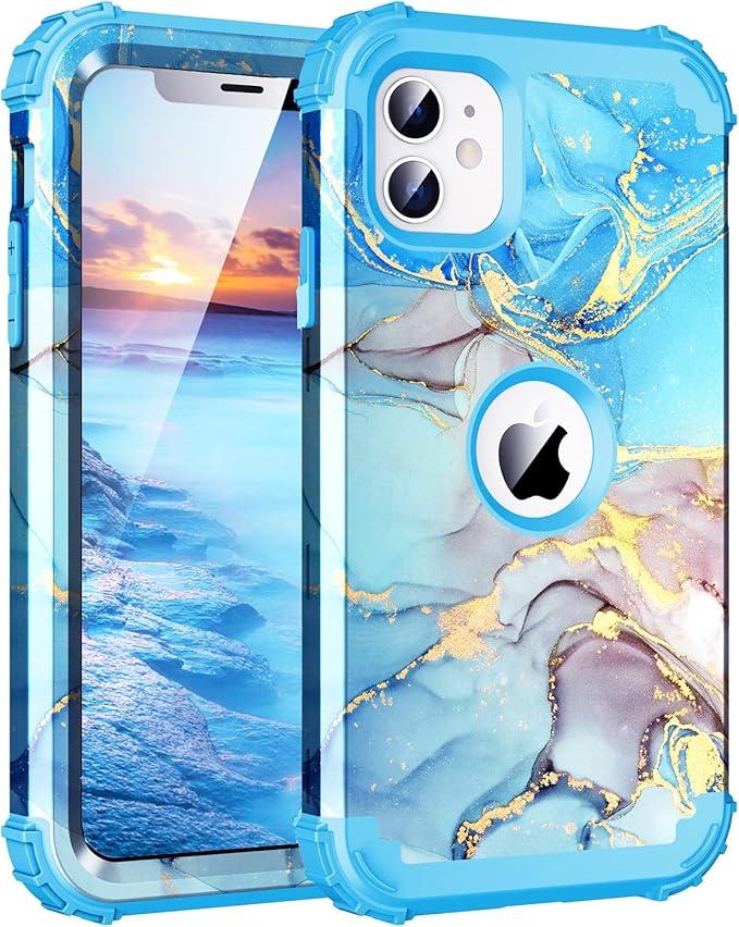 BQQFG for iPhone 12 Case,Marble Design Three Layer Heavy Duty Shockproof Hybrid Hard Plastic Bumper Soft Silicone Rubber Drop Protective Cover Case for iPhone 12 6.1",Blue