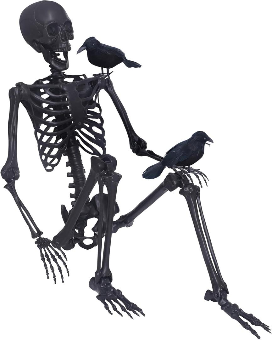 5.4Ft Halloween Skeleton, Posable Skeleton Full Size Skeleton with Movable Joints and 2PC Black Feathered Crows for Halloween Decorations Outside and Inside
