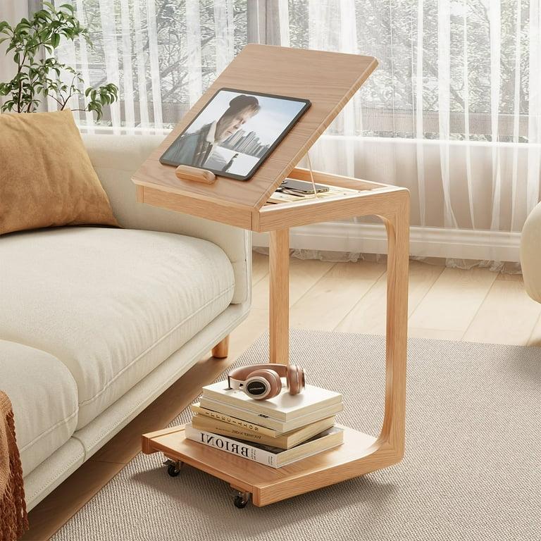 C Shaped Table for Couch, C Table with Wheels,Wooden Couch Table Adjustable Desktop for Living Room,Bedroom - Natural Color