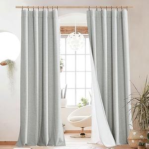 NICETOWN Grey Long Linen Full Shade Panels, Pair of Thermal Insulated & Energy Efficiency Blackout Curtains for Living Room Windows, Lined Silky Performance Window Dressing (52" Wide x 95" Long)