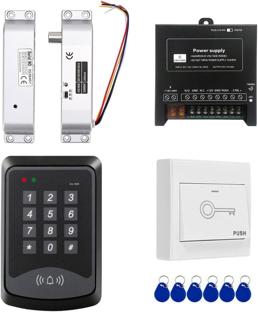 Door Access Control System RFID Keypad Fail Secure Electric Drop Bolt Lock Kit with Exit Button