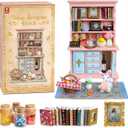 Vintage Springtime Hutch Set - 40 Pcs Dollhouse Miniatures 1/12 Scale Accessories, Wooden Bookshelf with Books, Flowers&Rabbits, Easter Eggs Decorations Mini Furniture Gifts for Kids