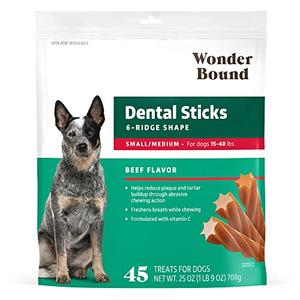 Wonder Bound Beef Flavor Dental Sticks for Small/Medium Dogs (15-40 lbs), 6-Ridge Shape for Plaque & Tartar Control, Freshens Breath, Formulated with Vitamin C, 45 Count, Best By 28 APR 2027 