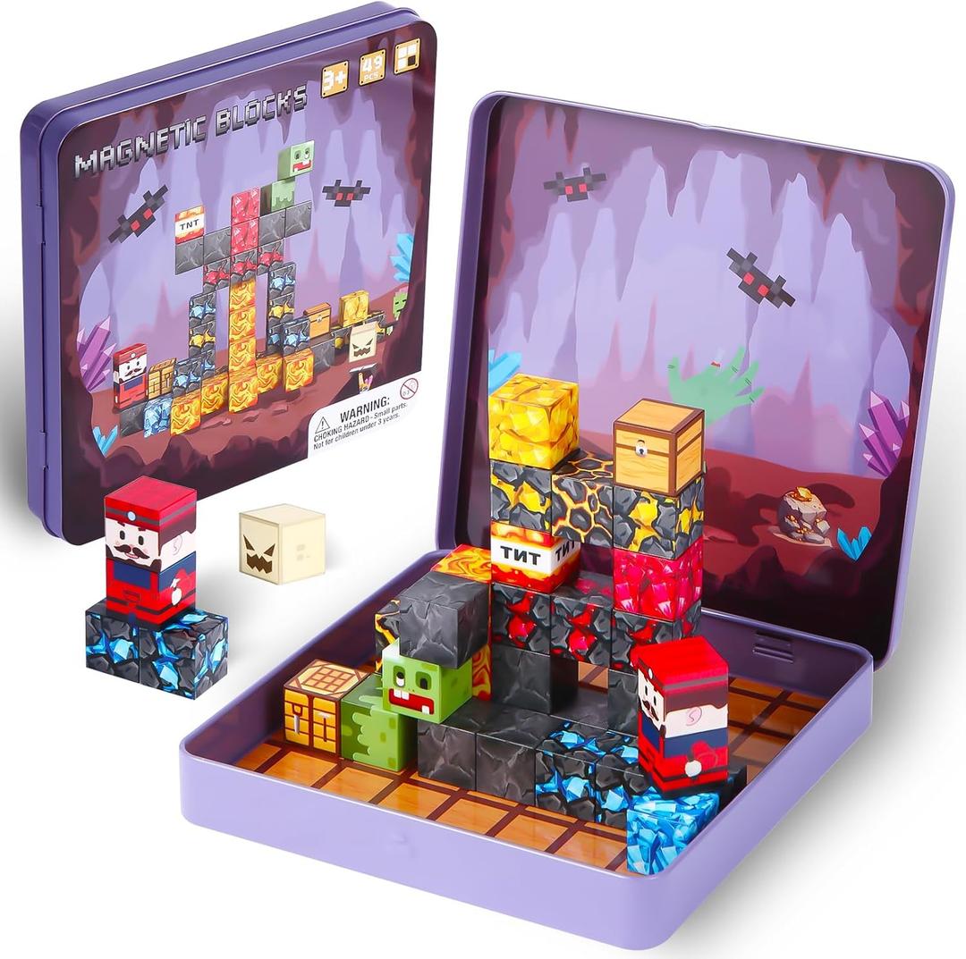 49PCS Mini Magnetic Blocks, with Iron Box, Travel Magnet Building Blocks for Toddlers, Magnetic Building Toys with Portable Iron Box STEM Educational Magnet Toys for Kids Ages 3-8 Boys Girls