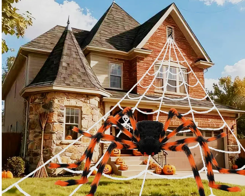200" Halloween Spider Web + 59" Giant Spider Decorations, Triangular Huge Spiders Web and Hairy Scary Fake Spider, for Indoor Outdoor Porch Yard, Scary Haunted House Party, and Halloween Décor