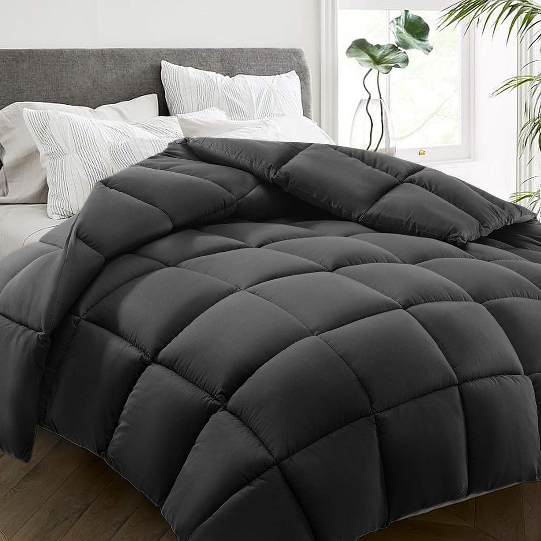 HYLEORY Queen Comforter, All Season Down Alternative Duvet Insert, Cooling Quilted Bed Comforter with Corner Tabs,Machine Washable, Dark Grey, 88x88 Inch
