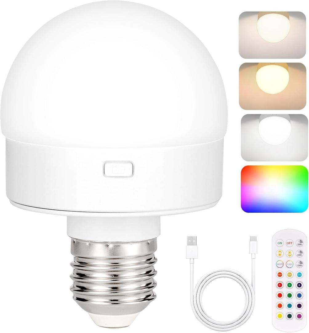 Rechargeable Battery Operated Light Bulb with Remote Control 1  Packs, 350LM Dimmable Detachable LED Bulb with 15 Colors Selectable & 3 Timer, Wireless Puck Light Bulb for Wall Sconce, Non-Hardwired