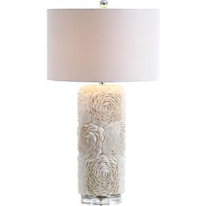 JONATHAN Y 28.5" Cream Seashell Resin and Crystal LED Table Lamp, Coastal Floral Mosaic Column Lamp with White Linen Drum Shade for Living Room, LED Bulb Included JYL1006A