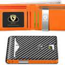 GSOIAX Mens Slim Wallet for Men Minimalist Genuine Leather Carbon Fiber Rfid Blocking Bifold Credit Card Holder With Gift Box (Carbon and Orange -money clip)