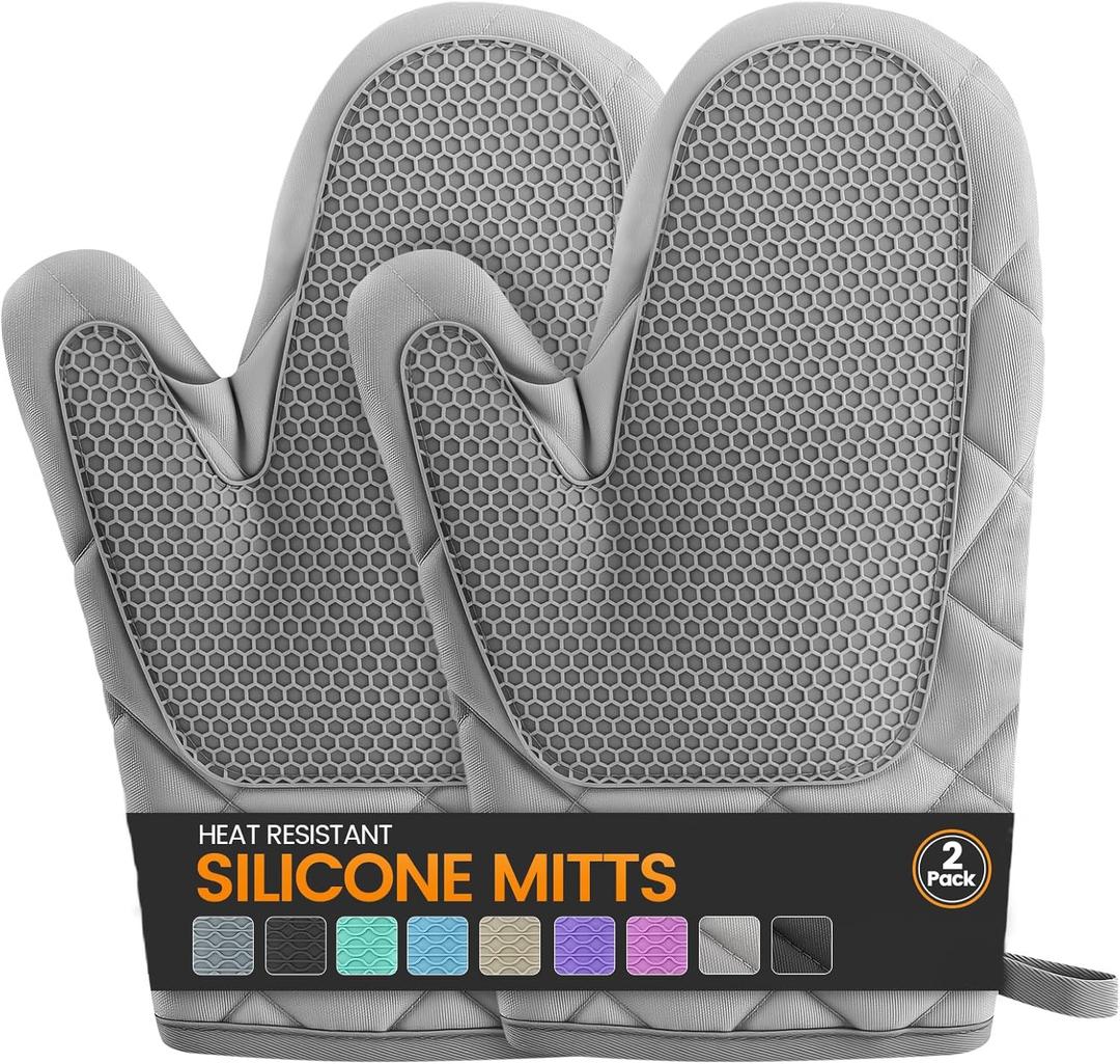 Silicone Oven Mitts, Heat Resistant 2PCS Oven Mitts with Soft Cotton Lining, Waterproof Non-Slip Grip Oven Glove, Kitchen Potholder Mits for BBQ, Baking, Cooking, 10.5Inch - Dark Grey