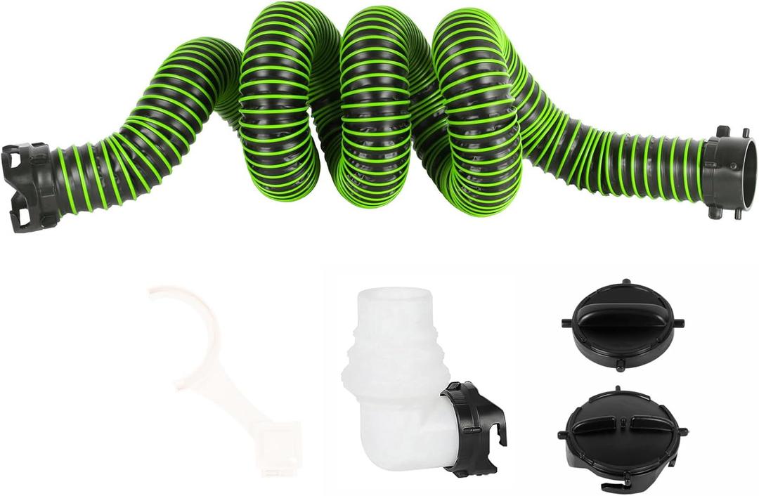 10FT RV Sewer Hose, EXTREME Heavy Duty 24 Mil TPE Material for Abrasion Resistance and Crush Protection, Camper Sewer Hose Kit with Pre-Attached Bayonet Fittings, 4-in-1 Adapter Elbow, Green