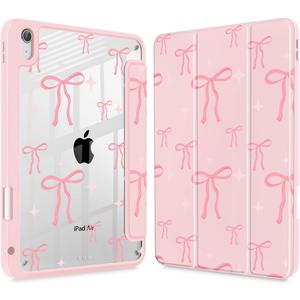 May Chen for iPad Air 11-inch M4/M3/M2 (2026/2025/2024), iPad Air 5th/4th 10.9 Inch - Shockproof Cover with Clear Back Shell & Penceil Holder Auto Wake/Sleep Stand Cover, Pink Bows P721