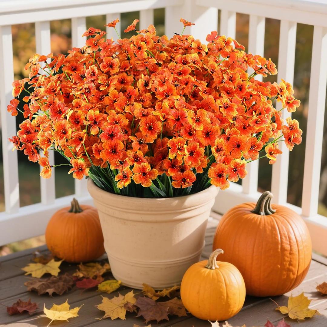 AGIRL 24 Bundles Artificial Fall Flowers Outdoor Indoor Decoration,Fake Plastic Flowers,Faux Mums Plant for Thanksgiving Fall Decor,for Hanging Outside Garden Front Door Porch Patio Window Box (Orange)