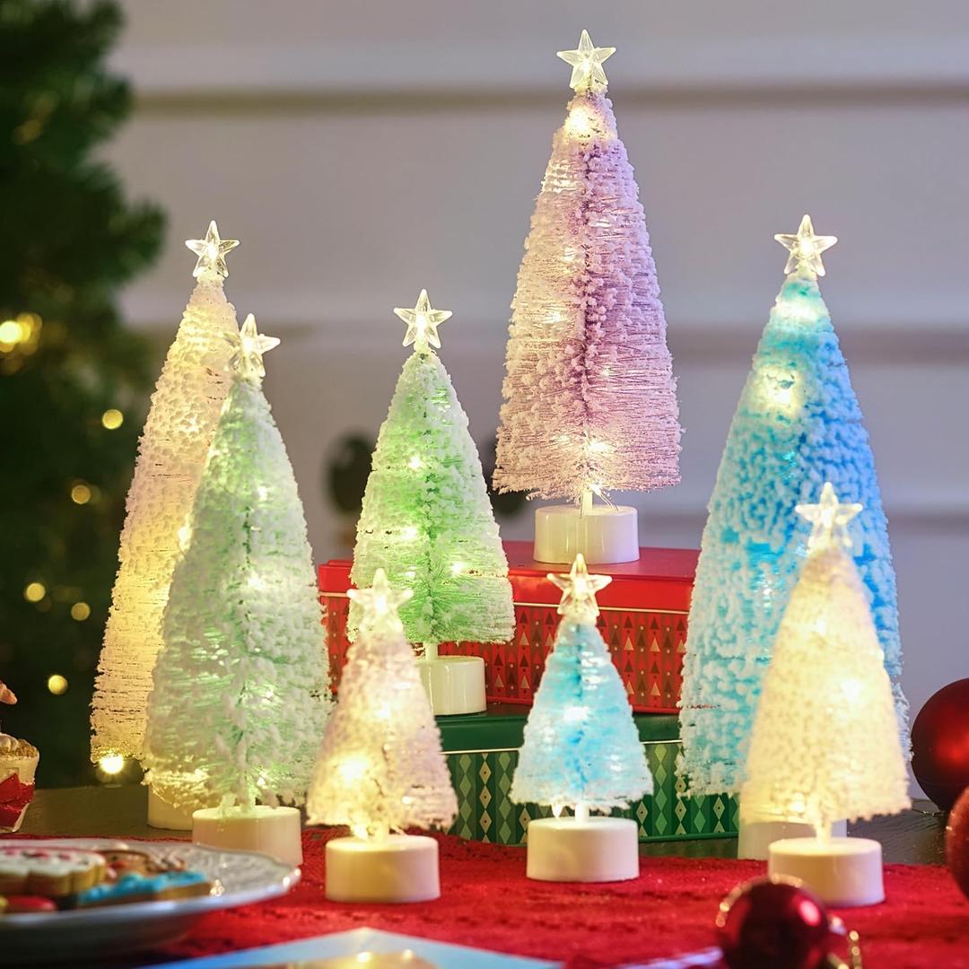 JOYIN 8 Pcs Small Xmas Trees with LED Lights, Flocked Miniature Christmas Tree in 4 Sizes, Mini Tabletop Artificial Pine Tree with Snow with Star Topper for Indoor Decor Holiday Festive Gifts (Pastel)