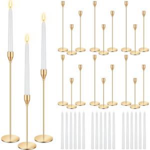 MTLEE 36 Pcs Christmas Matte Candle Holders Set with White Taper Candles Decorative Candlestick Holder Dripless Tapered Candles Metal Candle Tall Dinner Candle for Wedding Party Church Baptism (Gold)