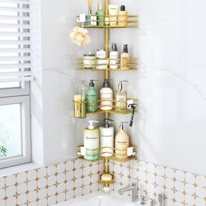 HapiRm Corner Shower Caddy Organizer - Shower Organizer Corner with Soap Holder, Toothbrush Holder and 4 Hooks, Rustproof Bathroom Shelf Tension Pole , 27.6 to 108.3 Inch - Gold