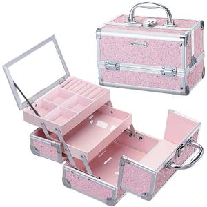 FRENESSA Makeup Case Organizer Portable Makeup Train Case Cosmetic Box with Mirror Jewelry Tray for Girls Nail Supplies Make Up Cases Organizers and Storage Kids Craft Case Pink